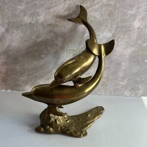 Vintage Brass Dolphin Pair Sculpture Statue Swimming 15" Tall